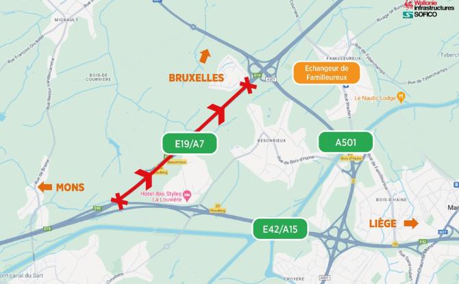 Travaux : fermeture durant une journée de l’E19/A7 à hauteur d’Houdeng-Goegnies